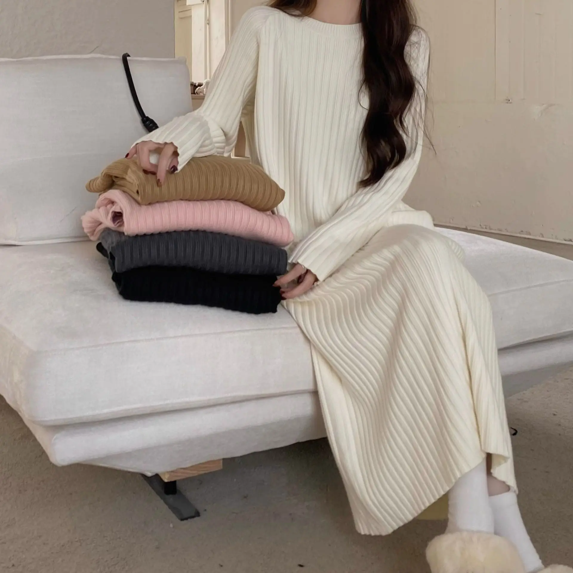 

Tossy Lace-Up Female Knit Maxi Dress Autumn High Waist Fashion Patchwork Long Sleeve Loose Solid Dress Bandage Knitwear Dress