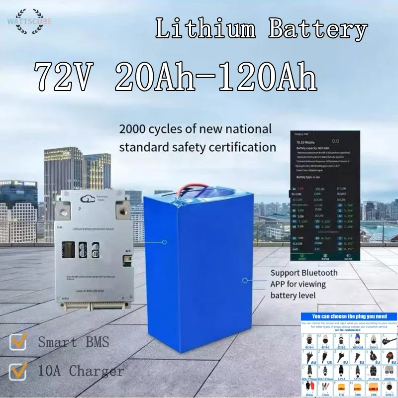 72V High Capacity Lithium Battery 30Ah-100Ah with Bluetooth BMS for 3000W-5000W Scooter E-bike Motorcycle Kit with Charger Inclu