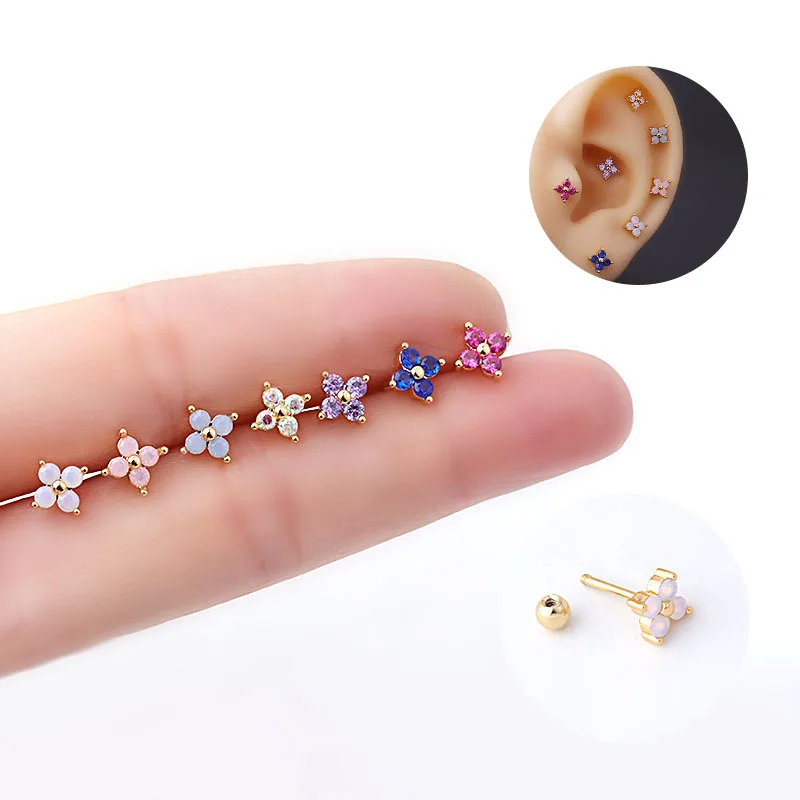 New 1PC 20G Stainless Steel Opal Stone Flower Cartilage Earrings Ear Conch Helix Snug Screw Back Earring Stud Piercing Jewelry