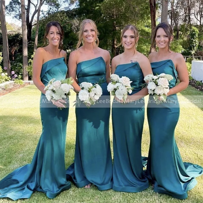 

Strapless Teal Mermaid Bridesmaid Dresses 2023 New Simple Long Satin Wedding Guest Dress Bride Maid of Honor Gowns Sweep Train