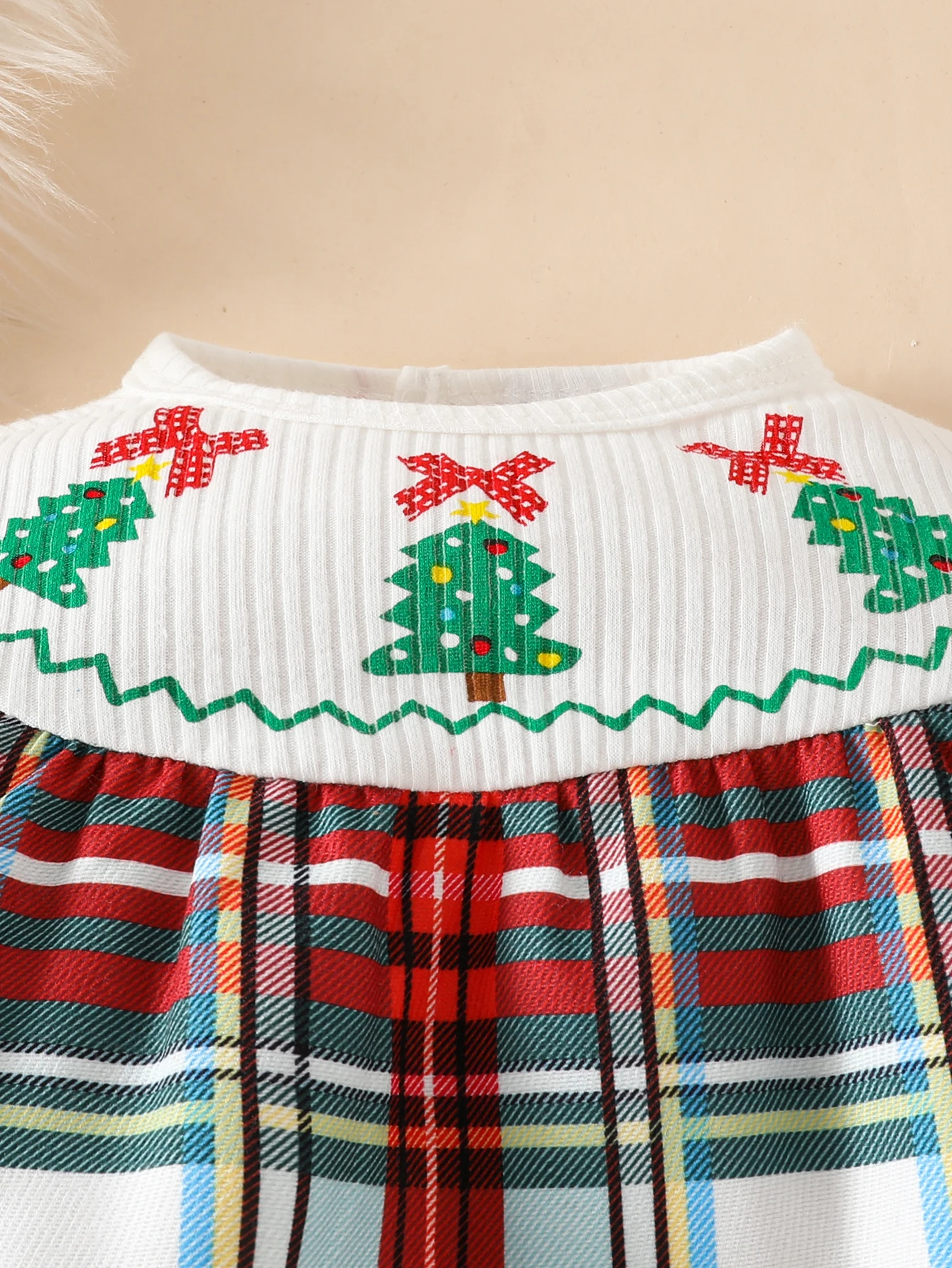 0-18 Months Newborn Baby Girl Christmas Party Fashion Casual Cute Plaid Christmas Tree Bow Print Doll Collar Spring & Fall Toddler Triangle Romper