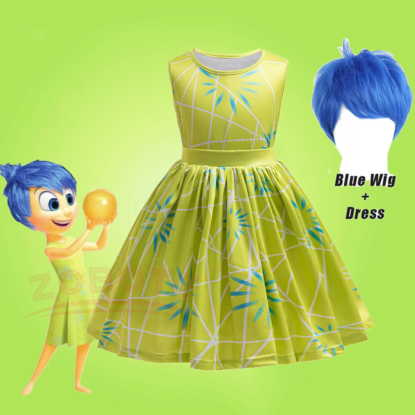 Inside Out Joy Cosplay Costume Princess Dress+Wig+Hairpin For Kids Girls ​Halloween Carnival Birthday Happiness Dress Up