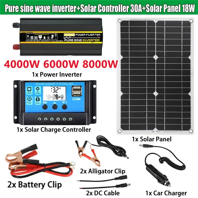 Pure Sine Wave Inverter 4000W/6000/8000W Power DC 12/24/48V To AC 110V 220V Voltage 50/60HZ Converter Solar wit Solar Controller