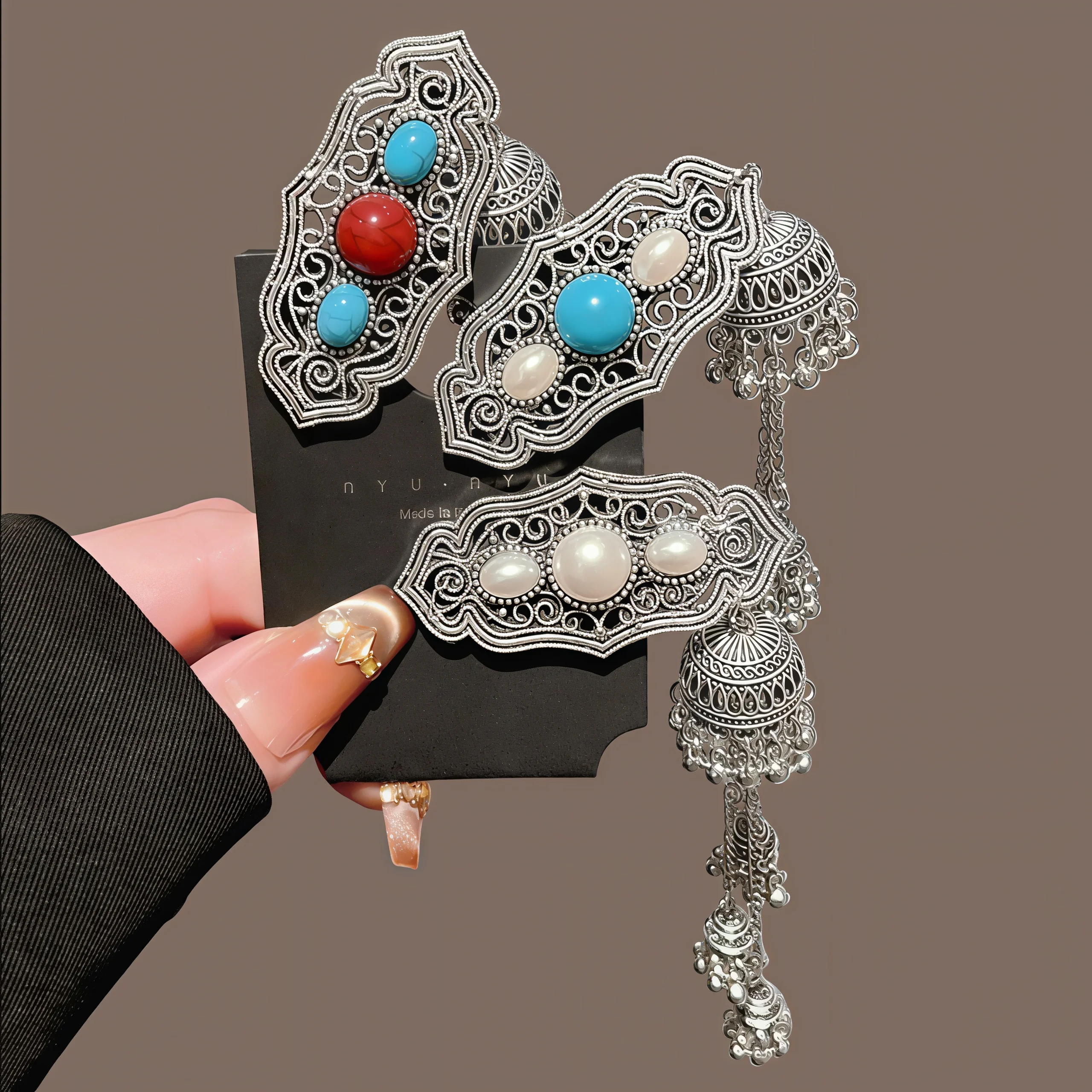 Ethnische Haarspangen im Glockenstil für Frauen, elegante Vintage-Haarspangen mit Metallquasten, trendige türkisfarbene Haaraccessoires für Mädchen – Detail 4