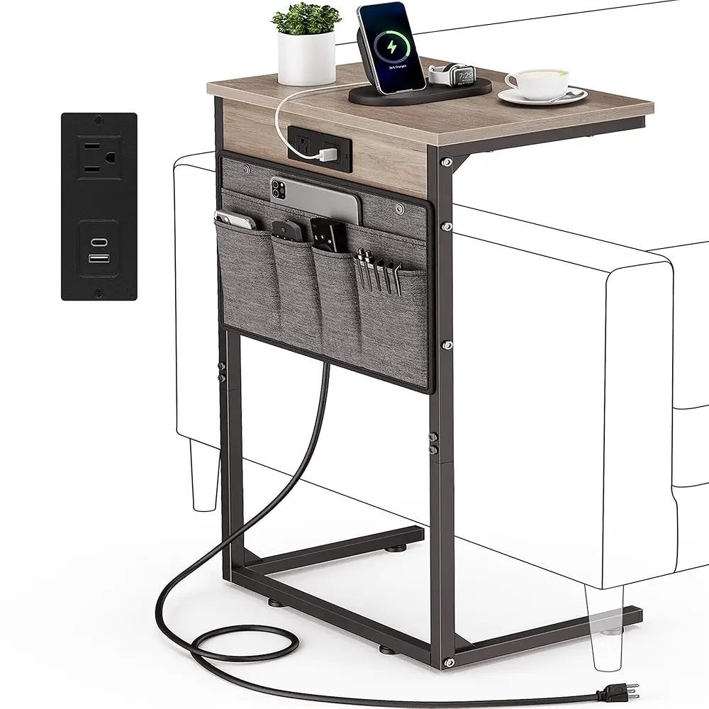 

C Shaped End Table With Charging Station, 28"" Tall C Table Side Table For Couch, Small Couch Side Tables For Small Spaces,