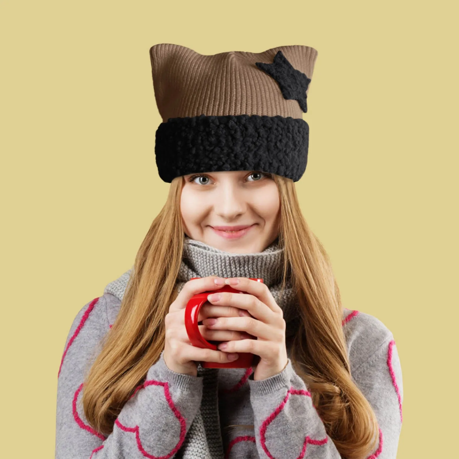 Y2K Crochet five-pointed Pattern Cat Ear Hat Handmade Soft Winter Warmer Knitted Hat Cold Winter Presents for Students Teenagers