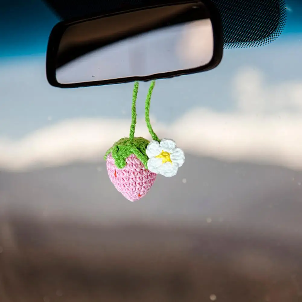 

Strawberry Car Pendant Handmade Strawberry Crochet Car Mirror Hanging Accessories Charm Decor for Rearview Unique Knitted