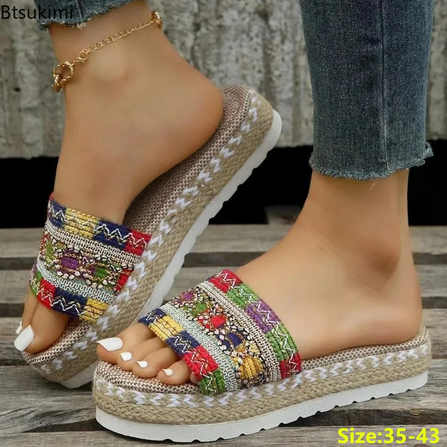 

2024 New Platform Shoes Slippers for Women Mesh Casual Slippers Braided Hemp Rope Sandals for Women Ethnic Peep Toe Beach Slides