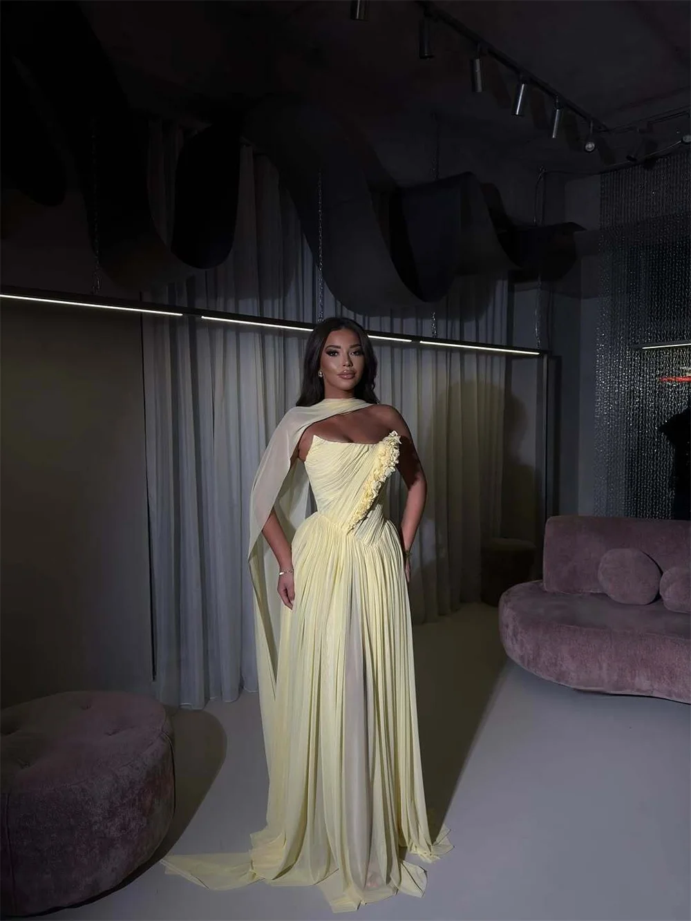 Contessa Abito da ballo con sciarpa in chiffon giallo crema personalizzato Abito a vita alta con corsetto robes de soirée Abito da evento formale senza spalline