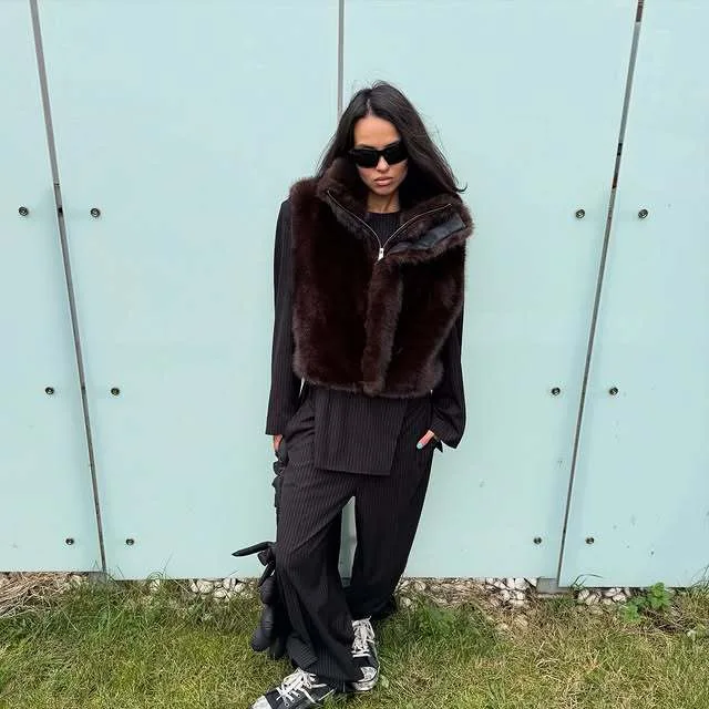 

Женский жилет из искусственного меха, зимняя элегантная металлическая молния с воротником-стойкой, куртка без рукавов, модное плюшевое пальто с высоким воротником