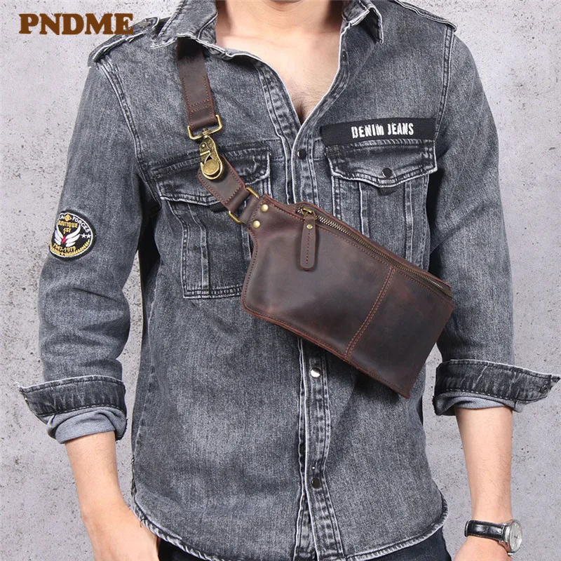 Vintage multifunctional genuine leather men's chest bag crazy horse cowhide waist pack sports small shoulder messenger bags