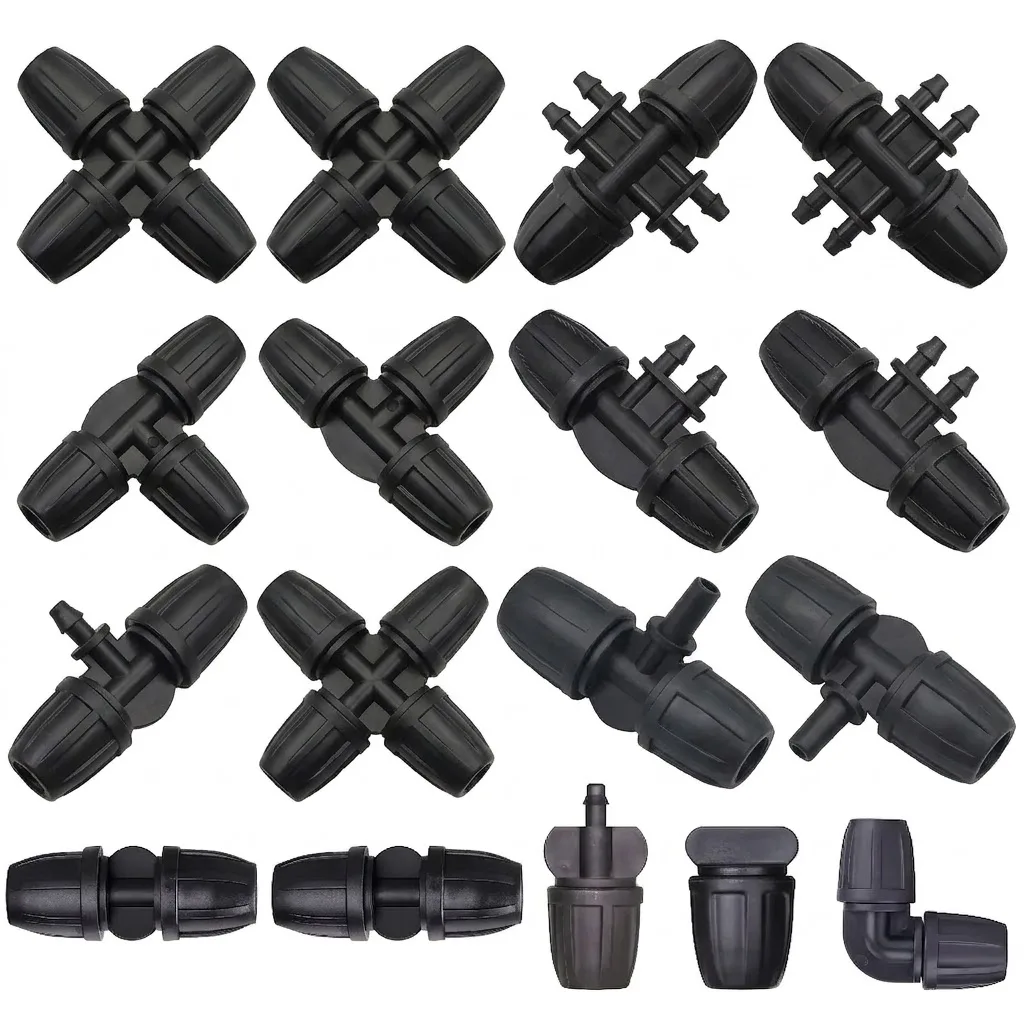 10pcs 3/8 To 1/4 Inch Garden Hose Connector Barbed Lock Tee Straight Elbow End Plugs Pipe Adapter Irrigator Fitting For Outdoor