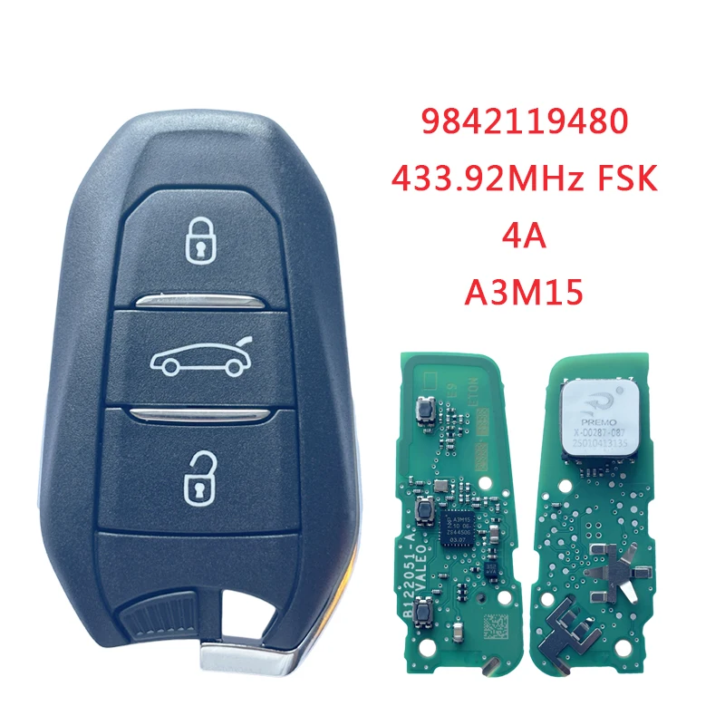 

TXK009058 PN 9842119480 Оригинальный умный дистанционный брелок для Peugeot Lion, 3 кнопки, 433,92 МГц, FSK IM3A A3M15 NCF29AxM 4A чип