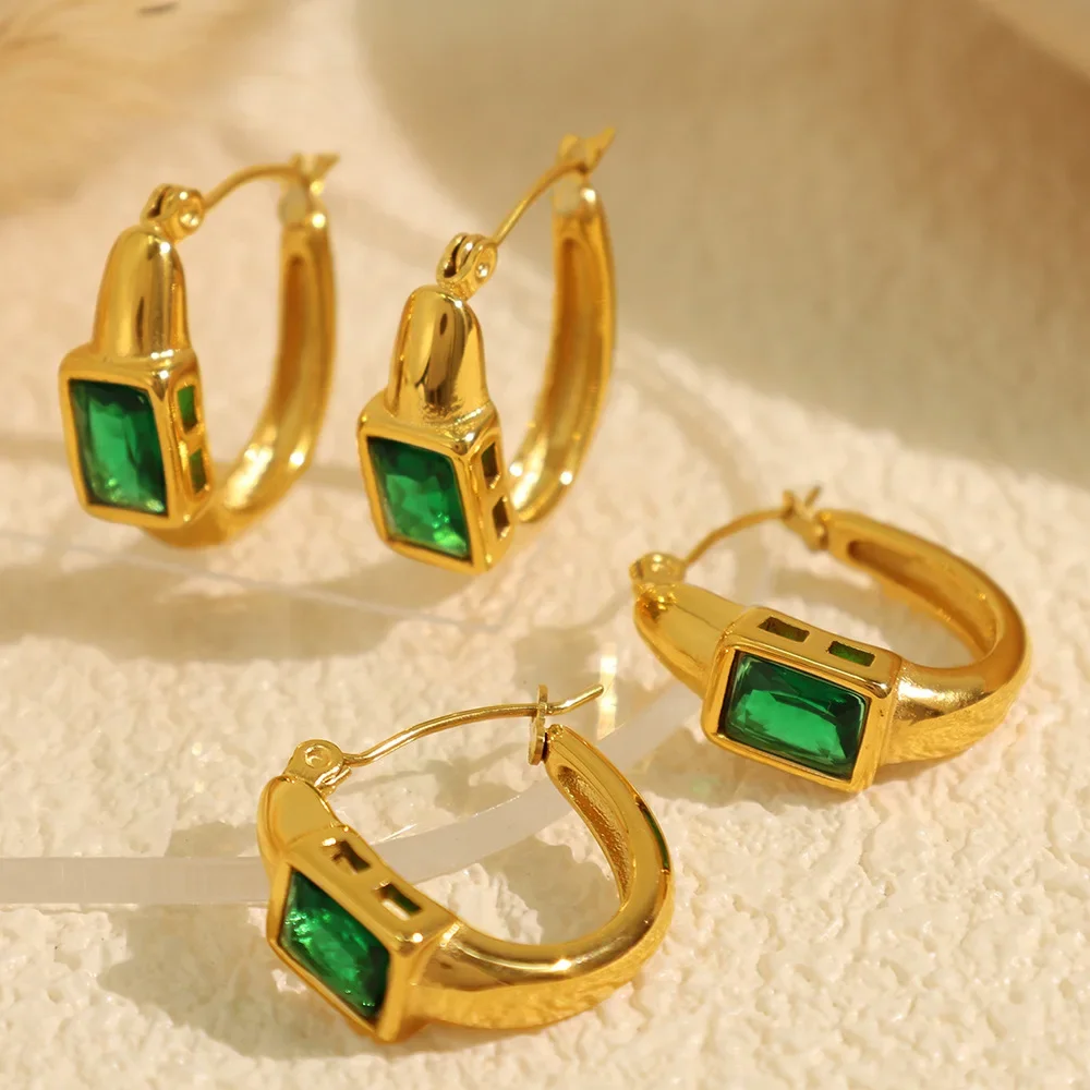 

Fashion French Emerald Zircon Gold Earrings 316LStainless Steel 18k PVD Gold-plated Waterproof Jewelry Eardrop 2024 New