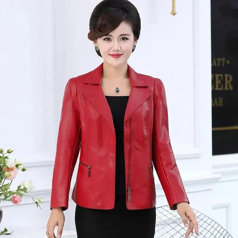 Short PU Leather Coat Women Spring Autumn New Korean Slim Outerwear Middle Aged Mother's Casual Zipper Leather Jakcet XL-6XL