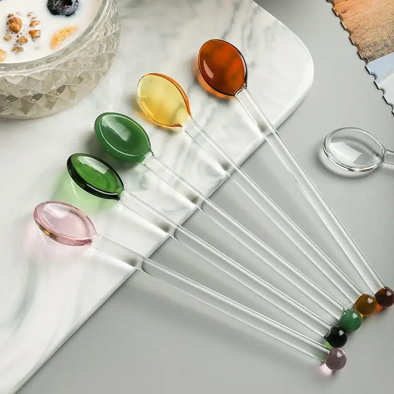 Colorful Transparent Long Handle Heat Resistant Glass Stirring Spoons For Coffee Tea Dessert Mixing