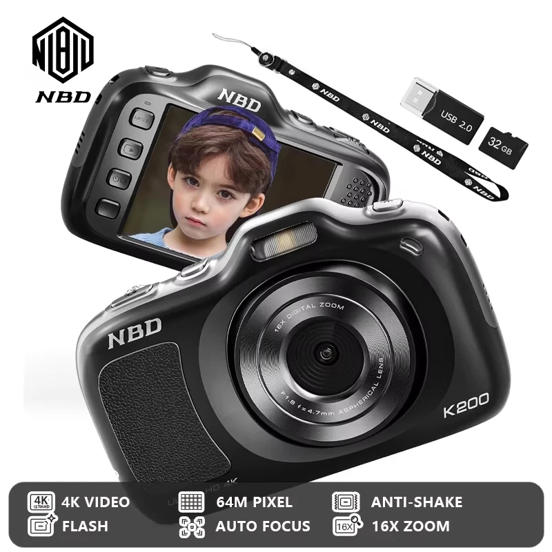 NBD K200A 4K 64MP Mini Digitalkamera Niedliche Kompakte Taschenkamera Tragbare Vlogging-Kamera für Selfies und Reisen