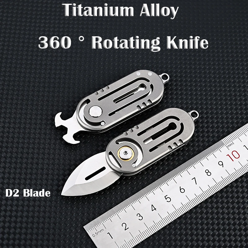 360° Rotating MINI Knife Titanium Alloy Handle D2 Blade Multifunctional Bottle Opener Screwdriver Outdoor EDC Self-defens Tool