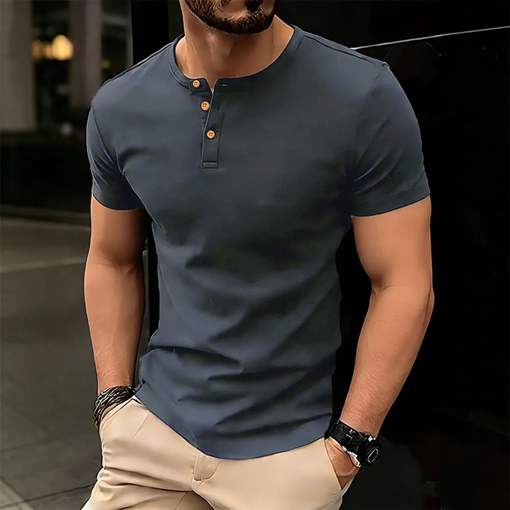 Sommer Herren Baumwoll-T-Shirt Einfarbig Atmungsaktiv Weicher Stoff Oberteile Kurzarm Henley-Ausschnitt Männliches Casual Basic Bequemes T-Shirt – Detail 4