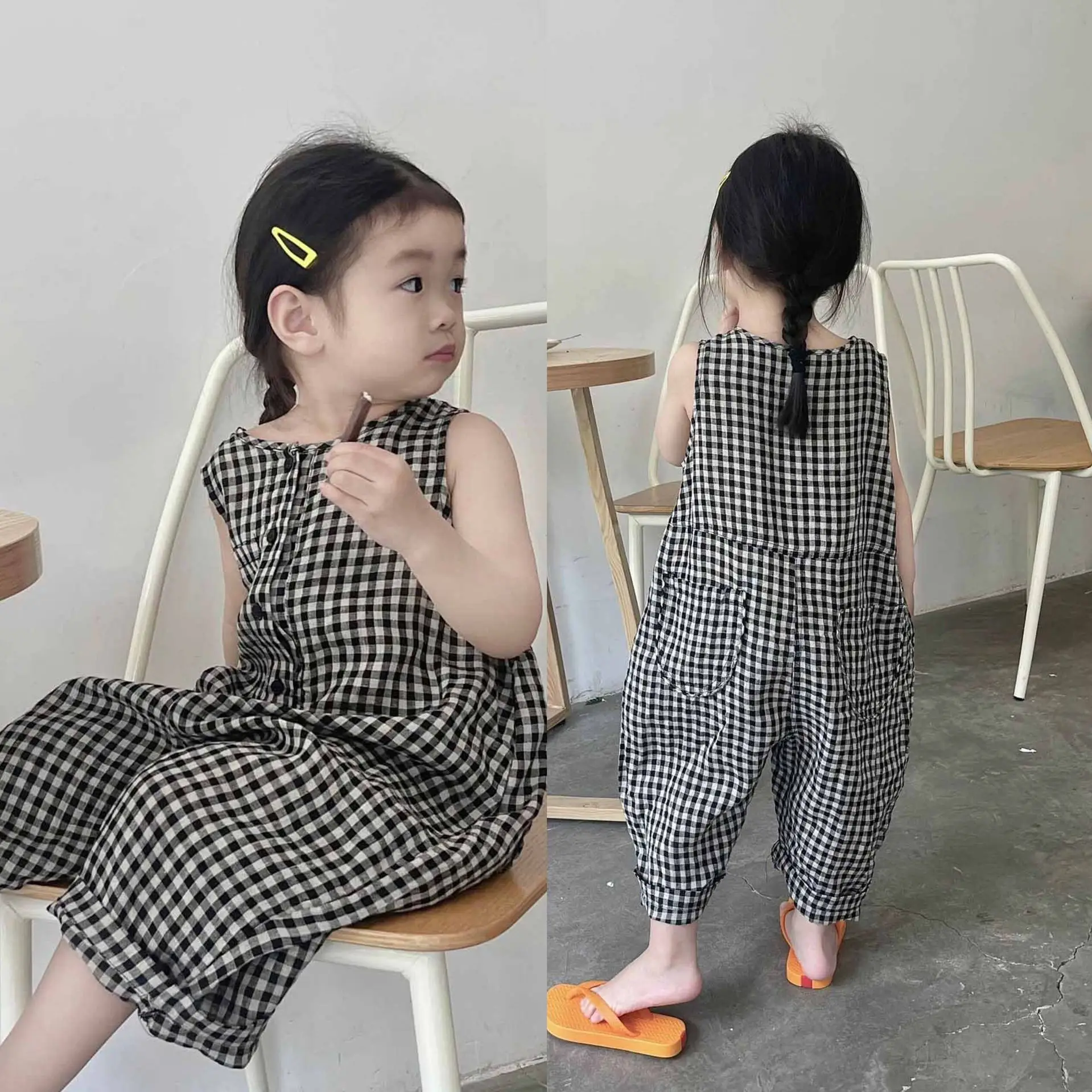 Children\'s Black And White Checkered Jumpsuit New Summer Style Sleeveless Loose Fitting Rompers For Boys Girls Casual Clothes