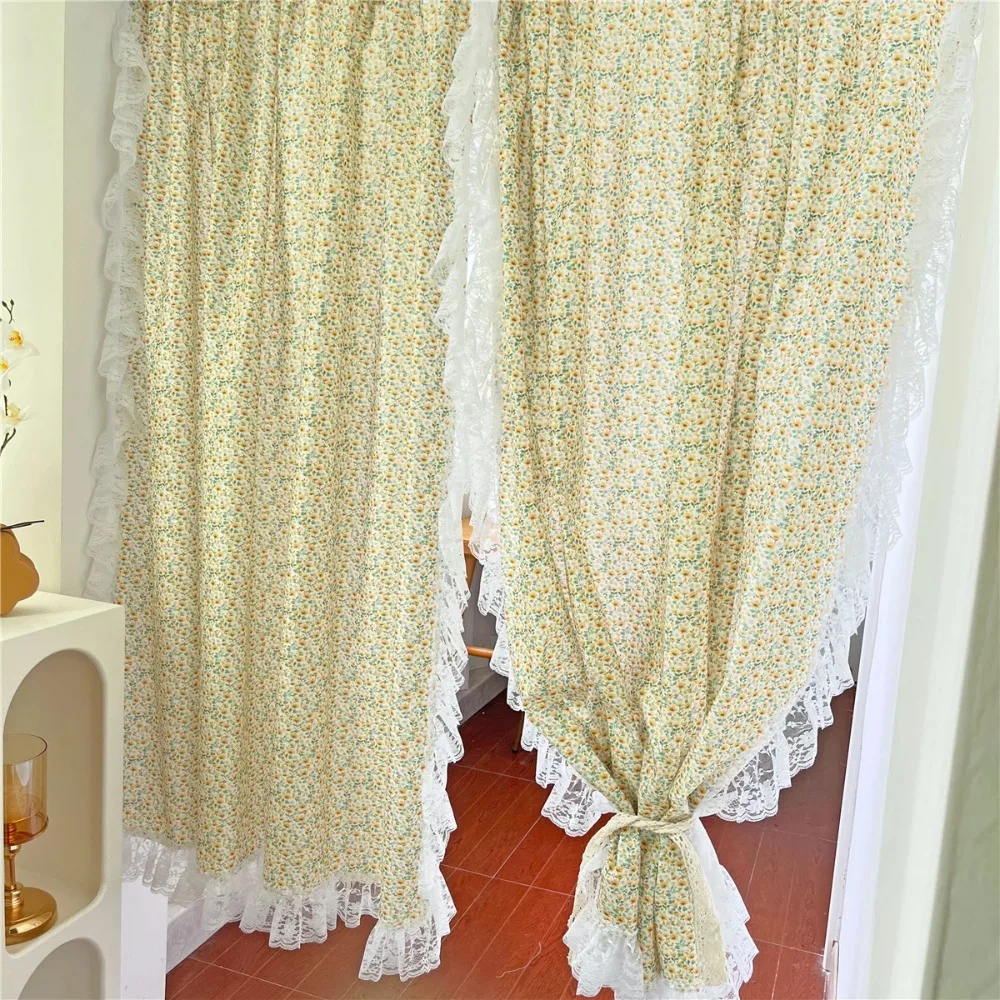 

Luxury Retro Ruffled Gauze Curtains for Living Room Partition Window Screen Floral Door Background Cover Decorative Drape