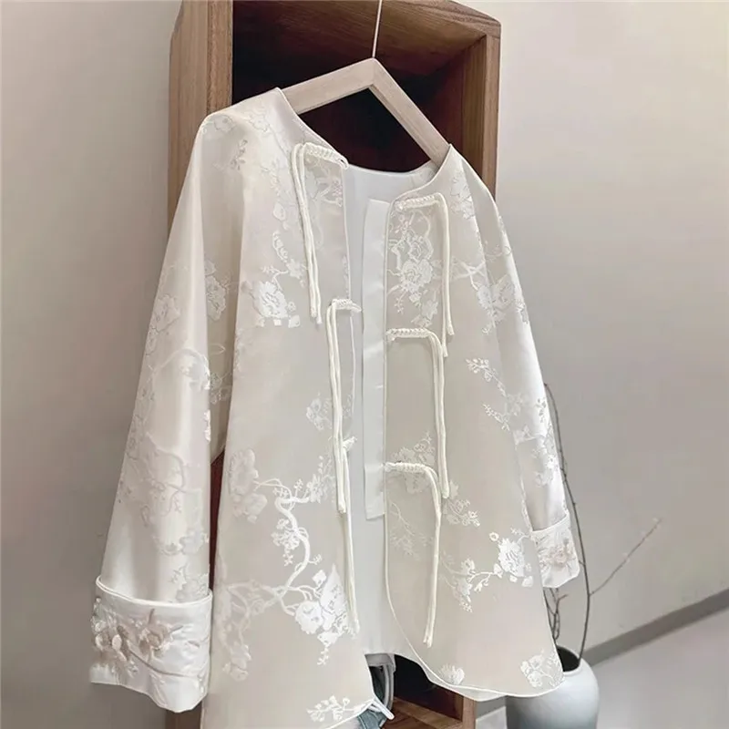 

2025 New Spring Frog Buttons Jacquard Coat Women Chinese Style Long Sleeve Satin Jacket Loose Floral Embroidery Tops