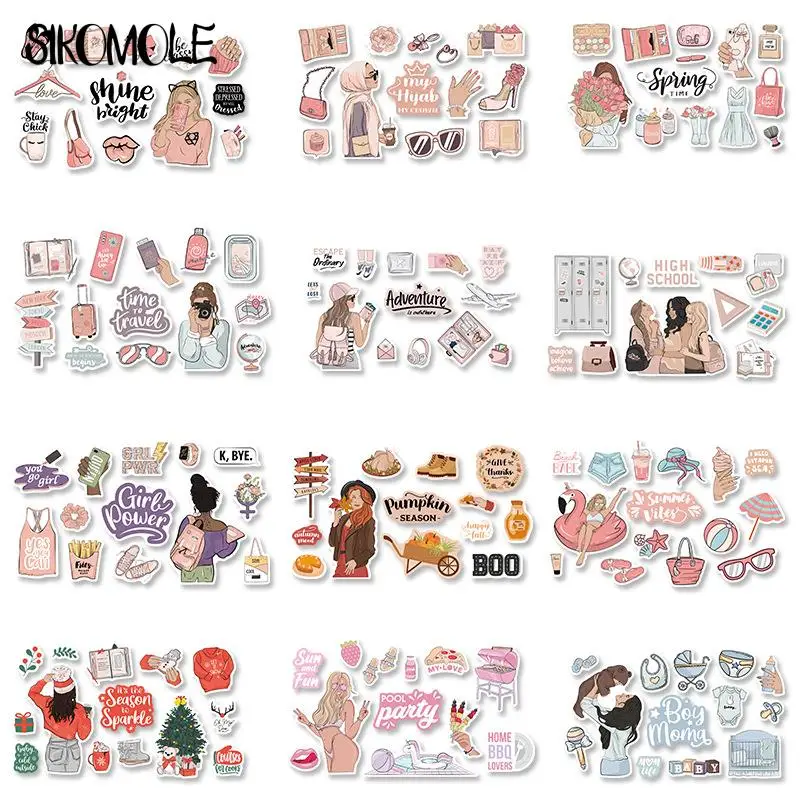 3/6/12Sets Cartoon Cute Female Stickers Korean INS Girl Account Diary DIY Toys Bedroom Guitar Suitcase Decal Graffiti Sticker F5