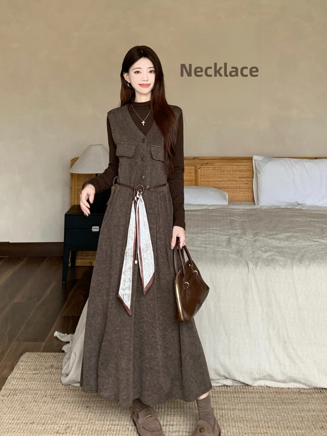 

Женское длинное платье больших размеров с высоким воротником, осенне-зимнее, новое, с завышенной талией, уникальное, для повседневной носки