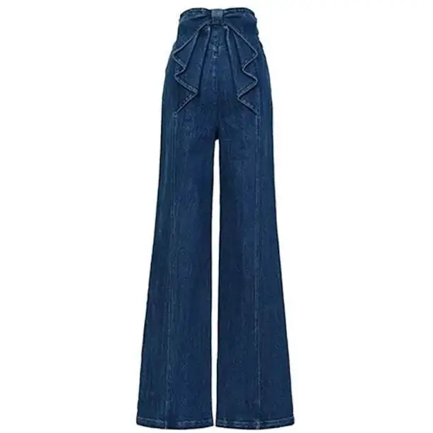 Jeans Patchwork Bowknot Designer Retro Solid Denim Pant For Women High Waist Spliced Button Streetwear Wide Leg Pants Female