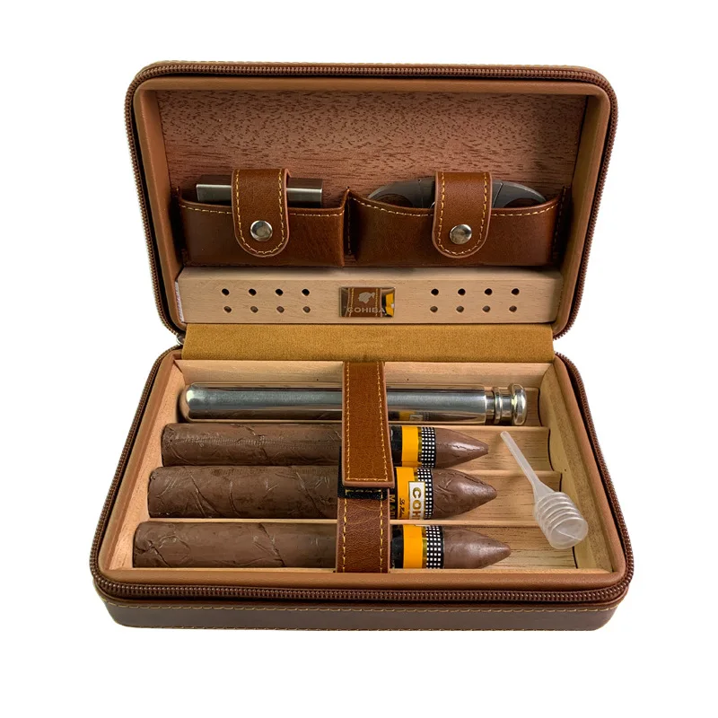

Cigar Moisturizer Leather Case Cigar Box Portable Travel Four Pack Leather Cedar Wood Lighter Scissor Set Storage Box