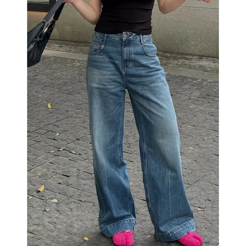 

Blue Jeans Women High Waist American Wide Leg Pants Y2K Vintage Straight Baggy Casual Denim Trousers Mom Oversize Denim Pants