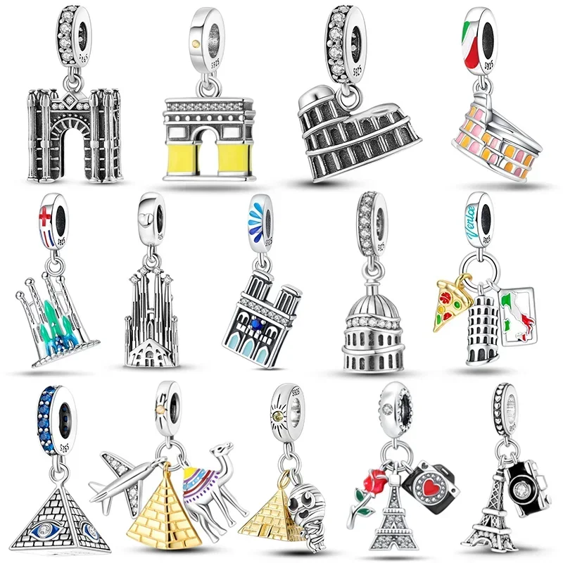 925 Sterling Silver Arc de Triomphe Colosseum Eiffel Tower Church Luminous Charm Bead Fit Pandora Original Bracelets DIY Jewelry