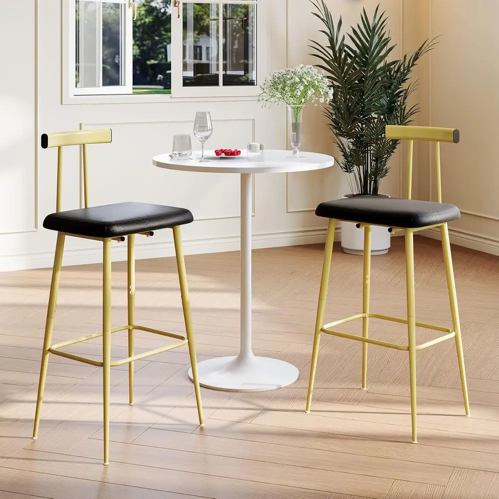 Pair of Counter Height Bar Stools with Backrest, Footrest, and PU Leather Cushion, Gold Industrial Style for Kitchen, Dining, Ba