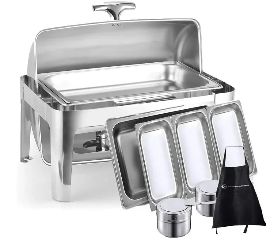 Deluxe Chafer Dish -8-quart capacity Full-Size S/S rectangular Includes Food Pan, Water Pan and Fuel Holders shiny silver