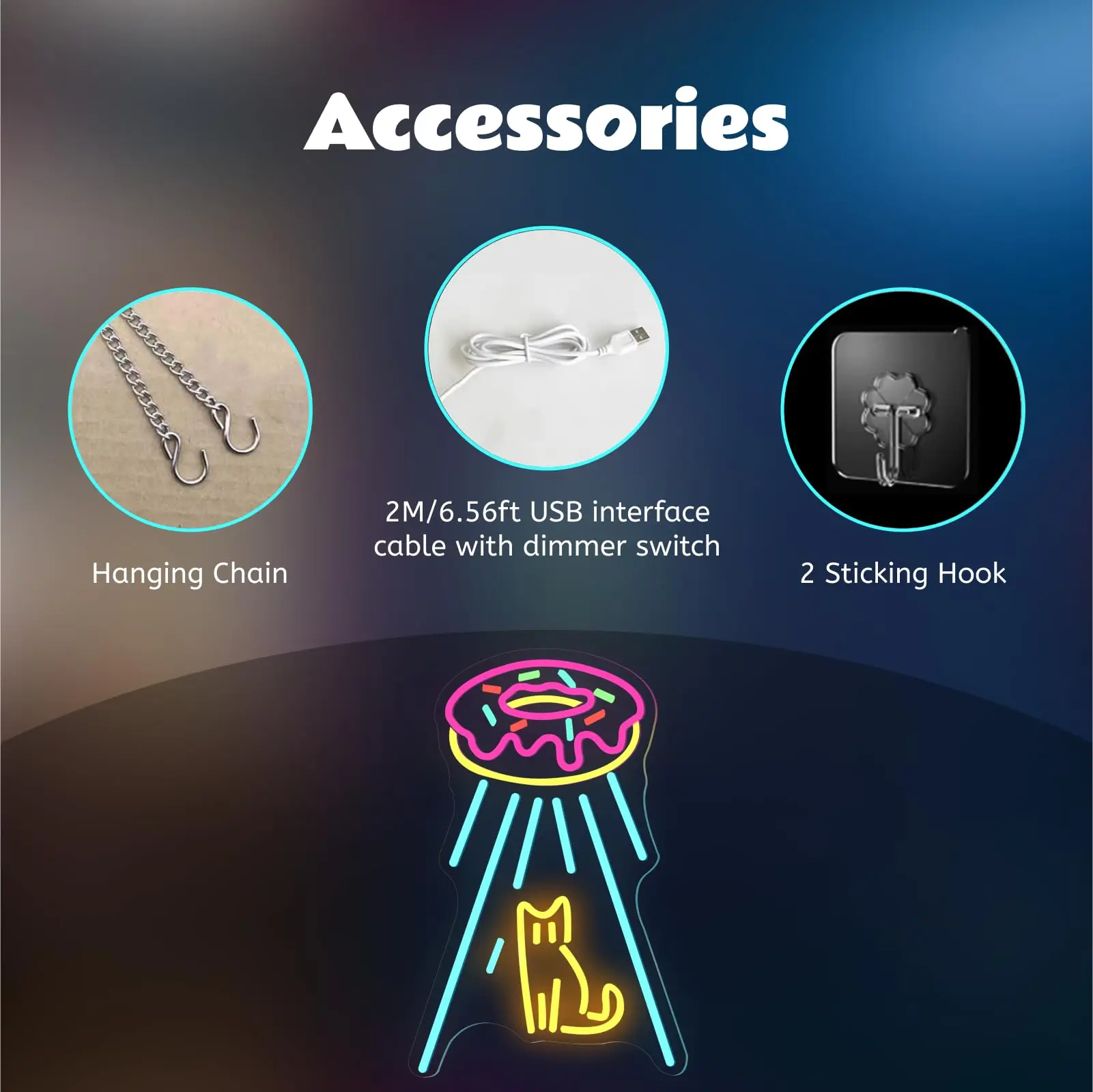 독점 네온 고양이 우주선 LED 사인 - 조광 가능한 패널 디자인 |   도넛 & UFO 요소 |   디저트 가게용 USB 전원 벽 장식