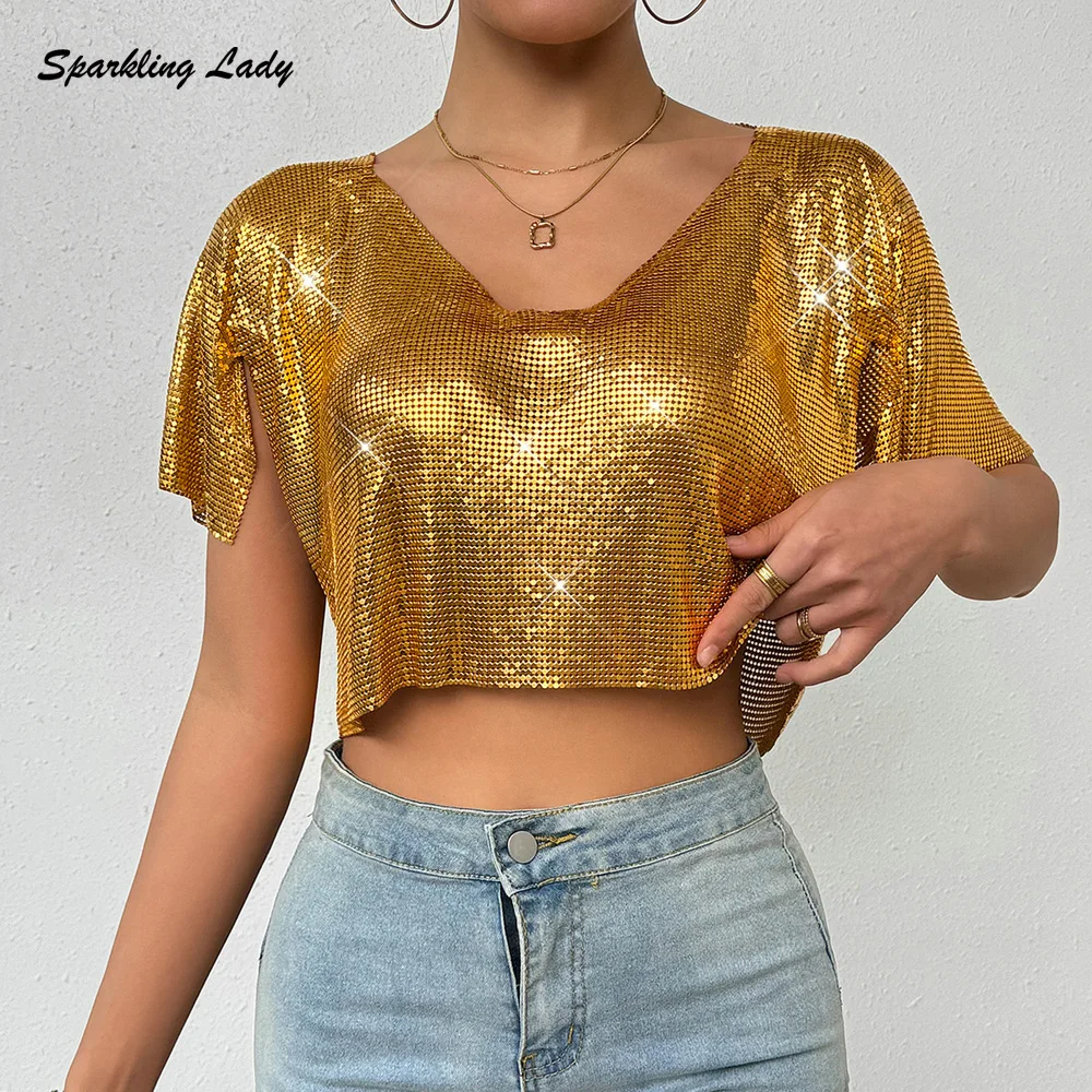 

Women Summer Y2K Street Fashion Golden Glitter Metallic Metal Mesh Tank Top Halter Crew-neck Sleeveless Chainmail Party Shirts