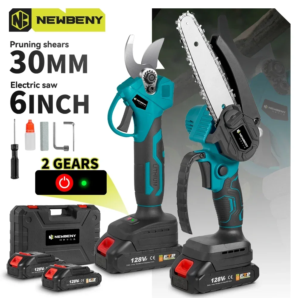 NEWBENY Brushless 6 Inch Electric Saw+ 30mm Electric Pruning Shears Set Cordless Garden Woodworking Tools For Makita 18V Battery