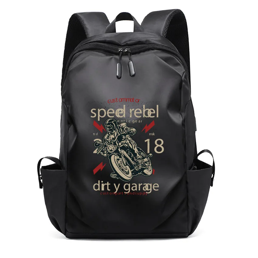 Street Funny Motorcyle Ride Pattern Print Men Laptop Backpacks Black High School Bags Teen College Girl Boy Backpack USB Charger