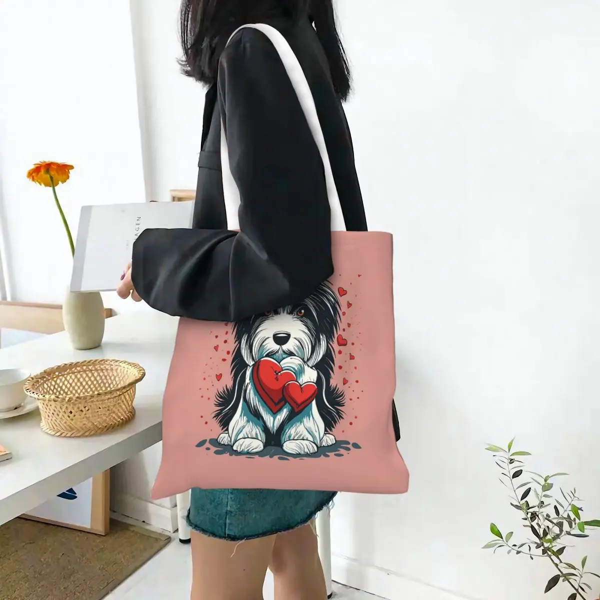 Bearded Collie Dog Love On Valentine's Day Shopping Bags Canvas The Tote Bag Folding for Ladies Shoulder Tote Travel Handbag