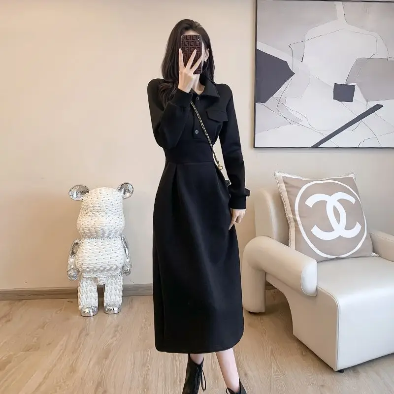 

Fashion Lapel Solid Color Spliced Pockets Folds Casual Dresses Women's Clothing 2023 Autumn Winter Loose Commuter Midi Dress