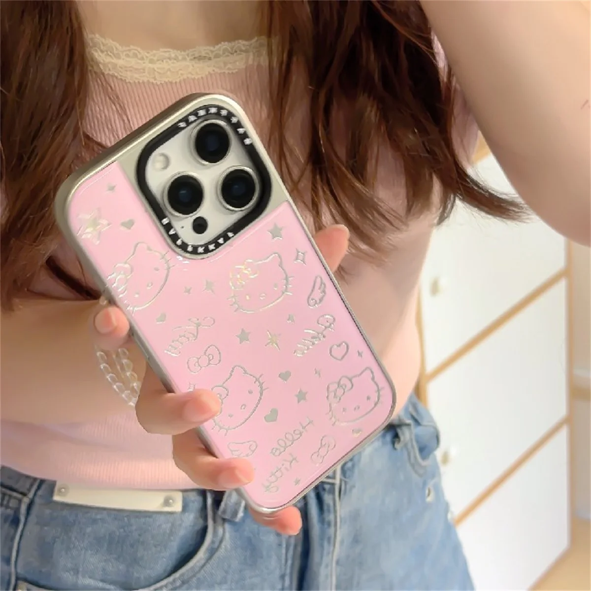 

Korean Pink Cute Star Hello Kitty Phone Case For iPhone 16 Pro 14 15 Pro Max Back Cover Shockproof Protective Cases Capa