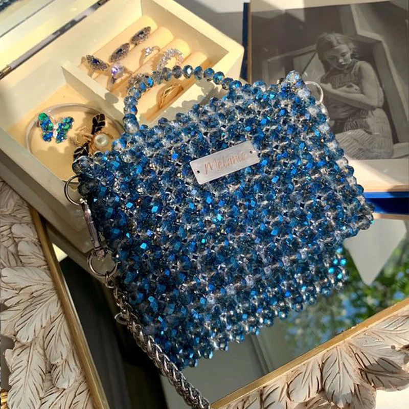 Blue Crystal Bead Shiny Wholesale Glass Bead Top-Handle Bags Customized Wholesale Box Totes Handbag Party Small Bucket Purse