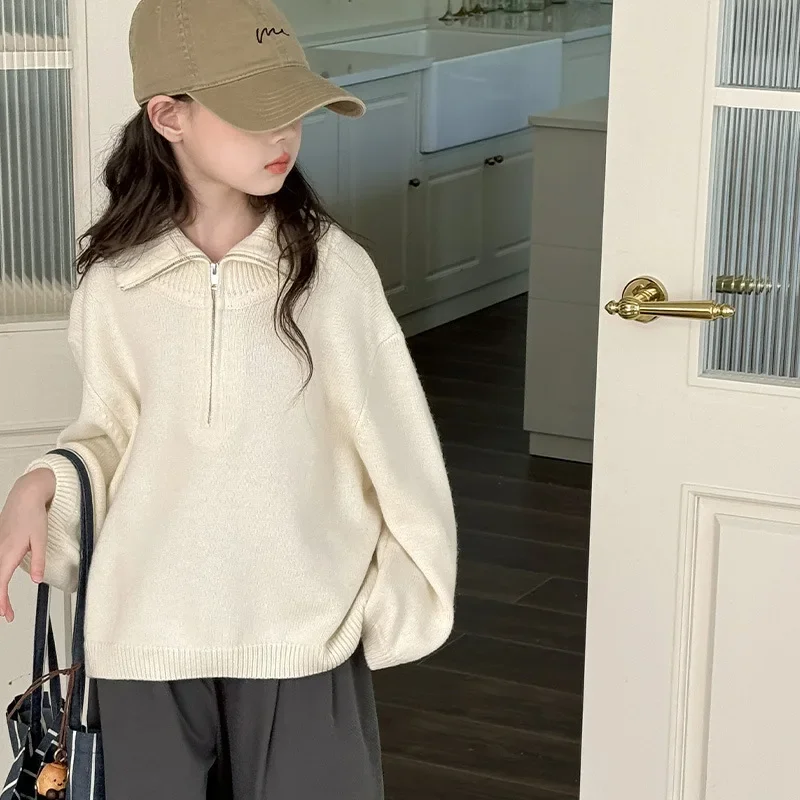 

Girls Top Spring Autumn Loose Sweater 2024 New Korean Style Big Children Top Zipper Casual Lazy All-match Fall Sweater Trend