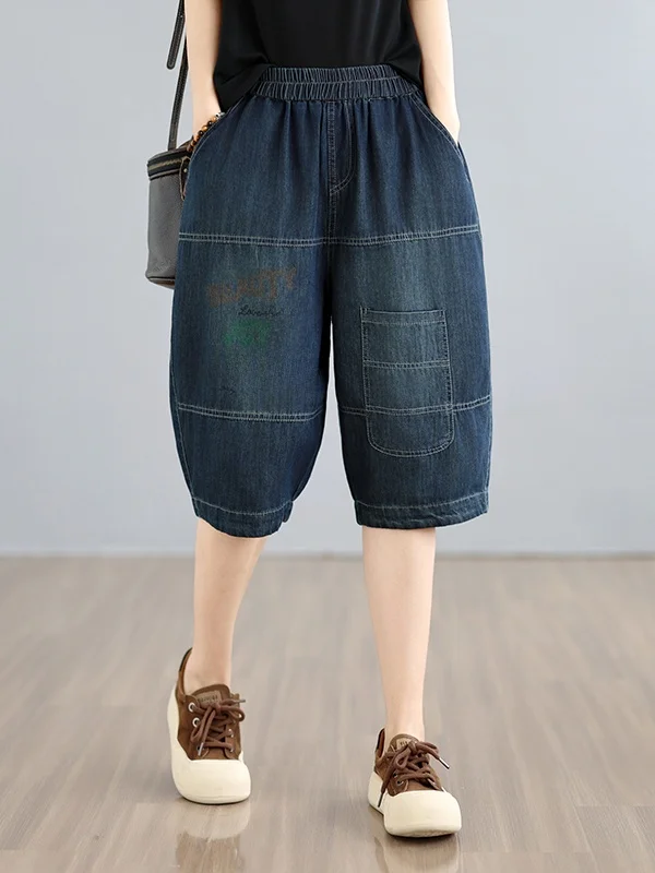 

Artistic Women's Jeans Elastic Waist Hexagonal Harem Pants Summer Loose Fit Blue Cotton Polyester Blend Washed Natural Waist