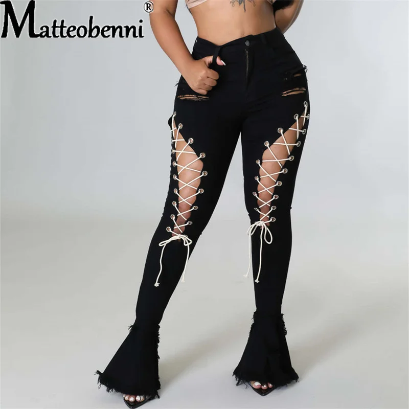 Sexy Slim High Waist Jeans Women Vintage Ripped Stretch Eyelet Bandage Mopping Denim Flared Pants Ladies Casual Street Trousers