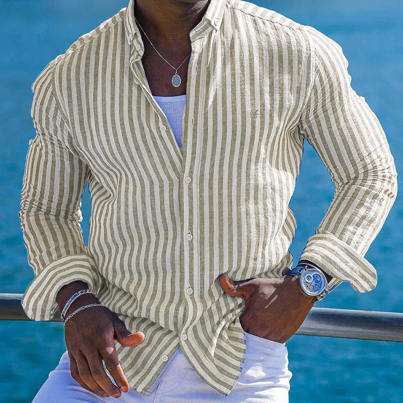 European and American new striped shirt trend 3D digital loose daily basic men\'s long sleeves