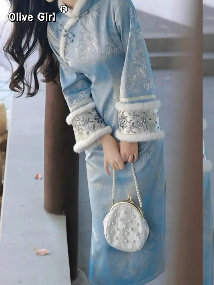 

Chinese Dress Qipao Cheongsam 2025 Plush Collar Blue with Plush Insulation for Winter High-end Women's Clothing