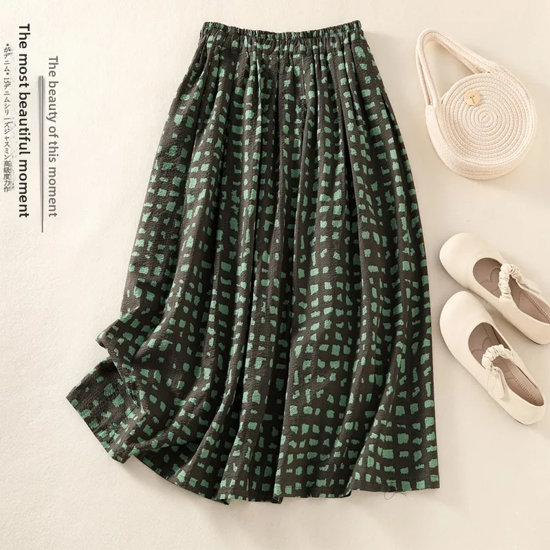 

New Artistic Pure Cotton A-Line Midi Skirt Summer Floral Print Slimming Versatile f-length Elastic Waist Skirt