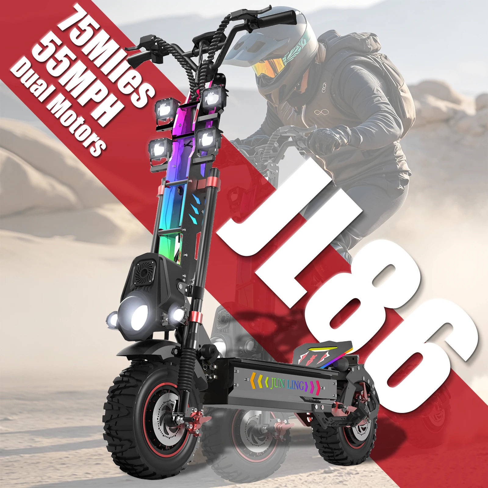 

JL86 Adult Foldable Electric Scooter 5000W*2 Peak Dual Motors 55 MPH Max Speed 75 Miles Long Range 60V40Ah Removable Battery 3-Speed Modes 13inch All Terrain Tires Smart LCD NFC Unlocking Dual Hydraulic Disc Brakes Dual Shock Off-road EScooter US Stock