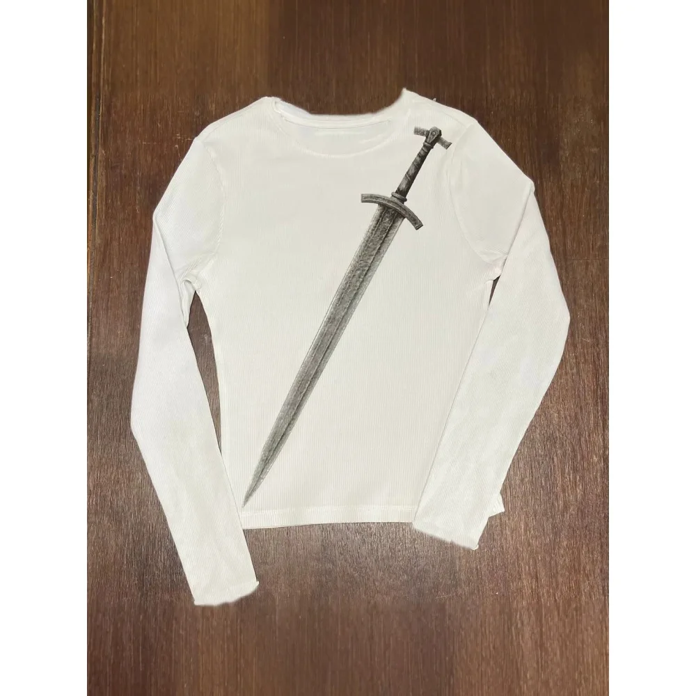 Y2K Gothic Subculture Sword Print Long Sleeve Tee, Round Neck Slim Unisex Casual Street Top, Graphic Tee for Daily Street Wear